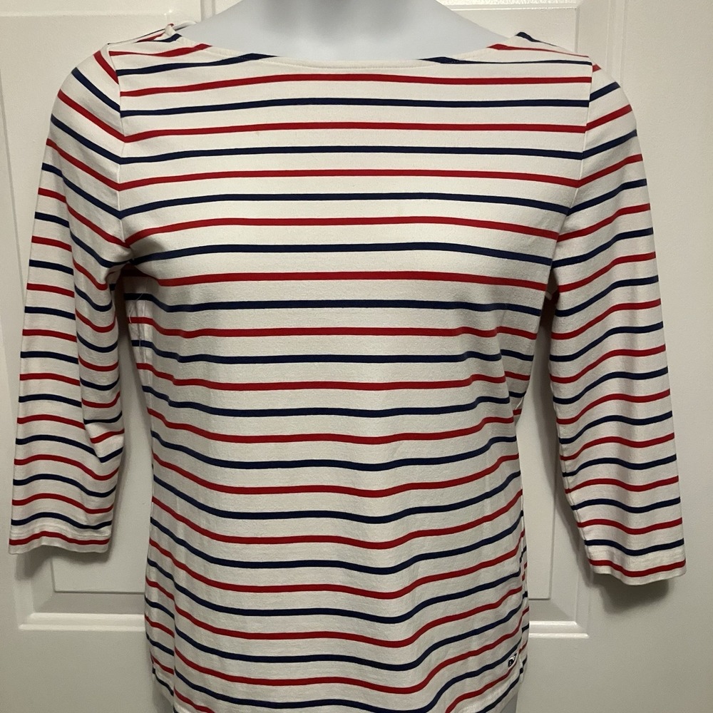 Vineyard Vines Women's Medium White Red Blue Striped 3/4 Sleeve  T-Shirt